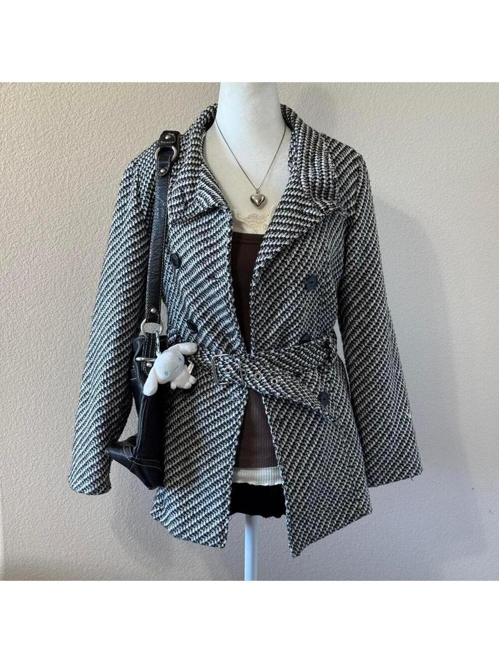 ੈ✩‧₊˚y2k black and white button up waist tie peacoat